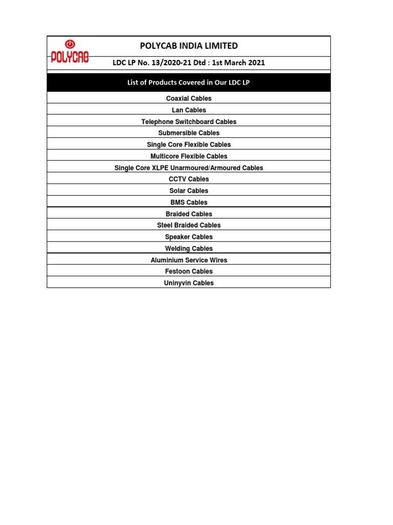 Polycab Price List March 21 Coaxial Cable Insulator Electricity