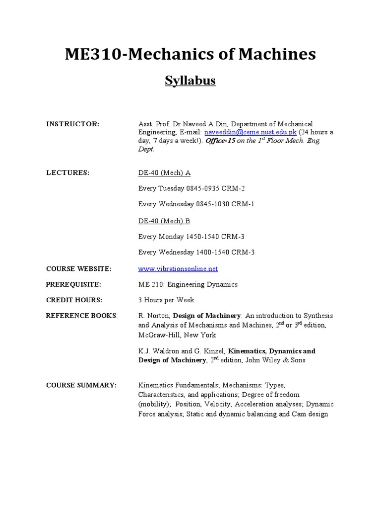 Me310 Mechanics Of Machines Syllabus Pdf Machines Kinematics