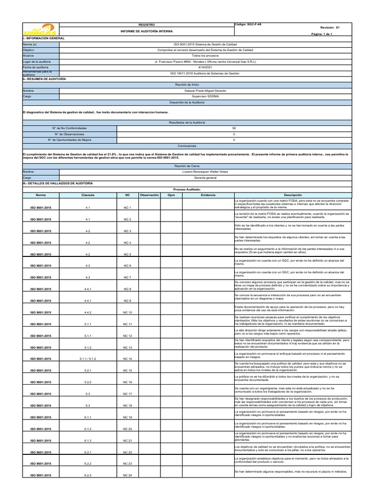 Informe de Auditoría Interna ISO 9001:2015 | PDF | Sistema de manejo de ...