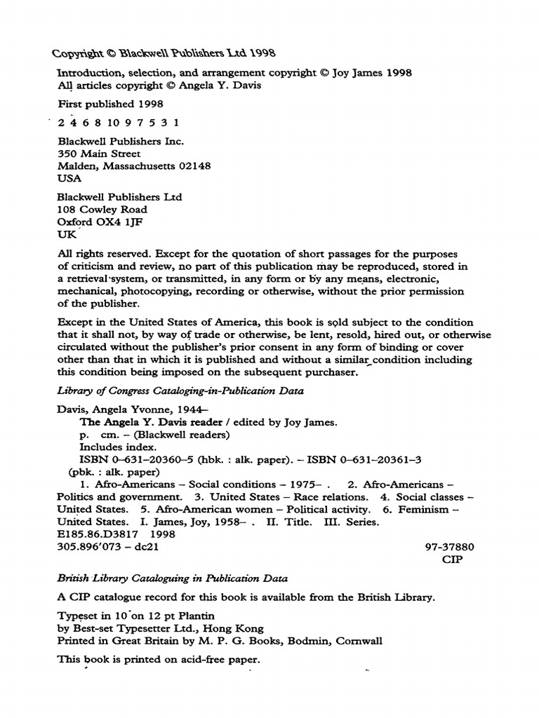 Angela Y. Davis, Joy James (Editor) - The Angela Y. Davis Reader (1998,  Blackwell Publishing) - Libgen - Li | PDF | Black Panther Party | Student  Nonviolent Coordinating Committee