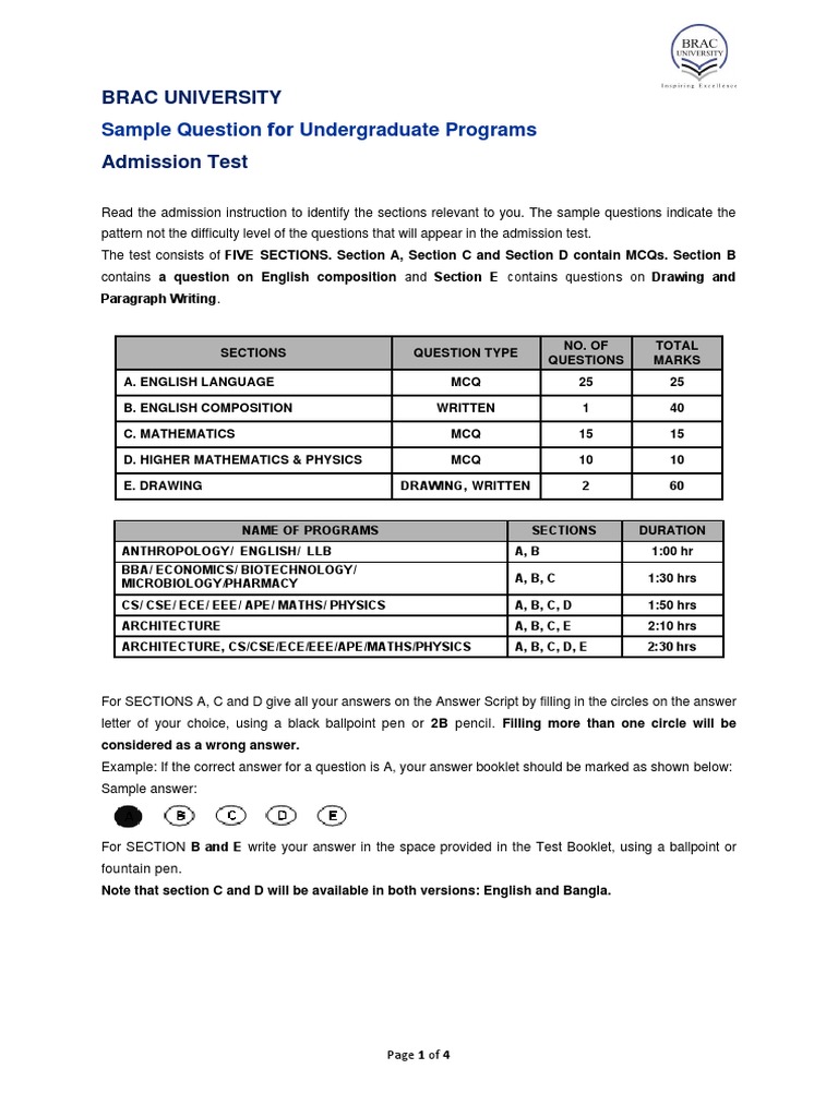 Sample question for undergraduate programs brac university pdf