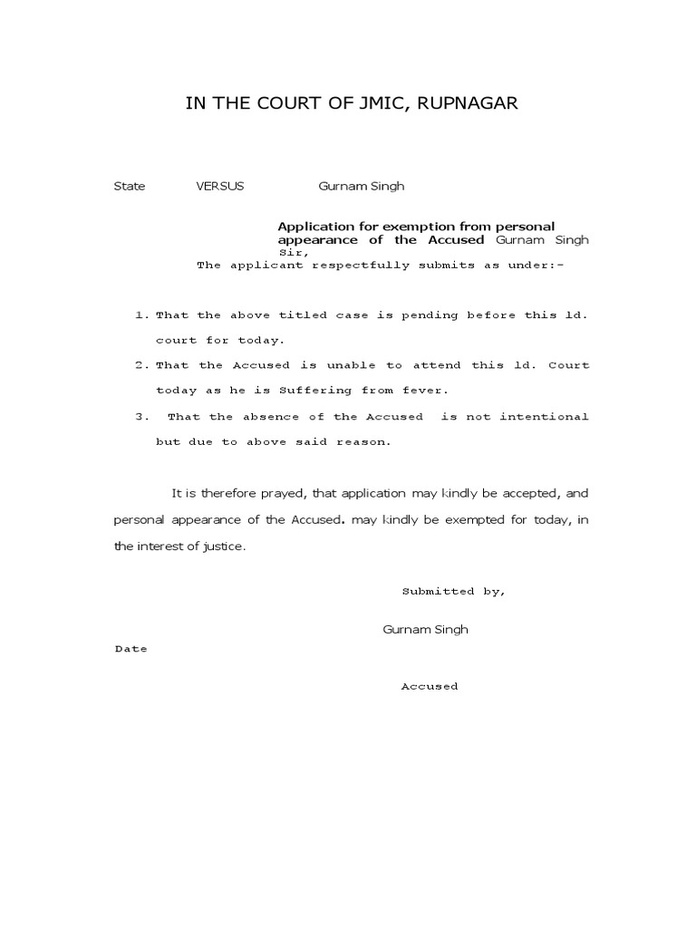 In The Court of Jmic, Rupnagar: Application For Exemption From 