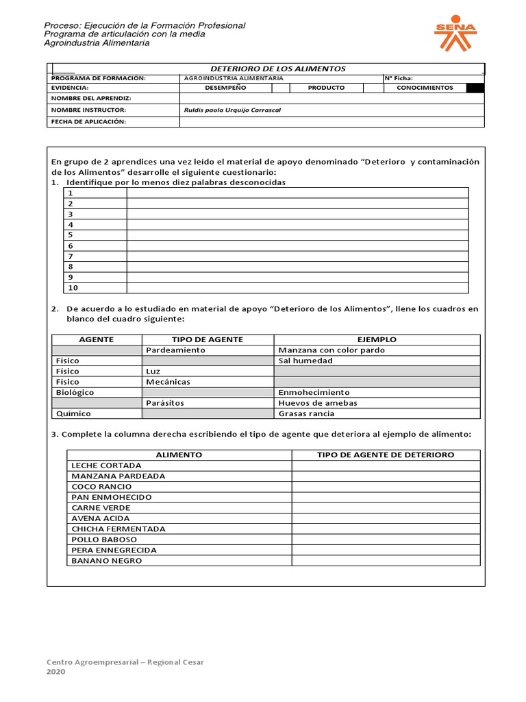 A4 Taller Deterioro de Los Alimentos | PDF | Alimentos | Comida y bebida