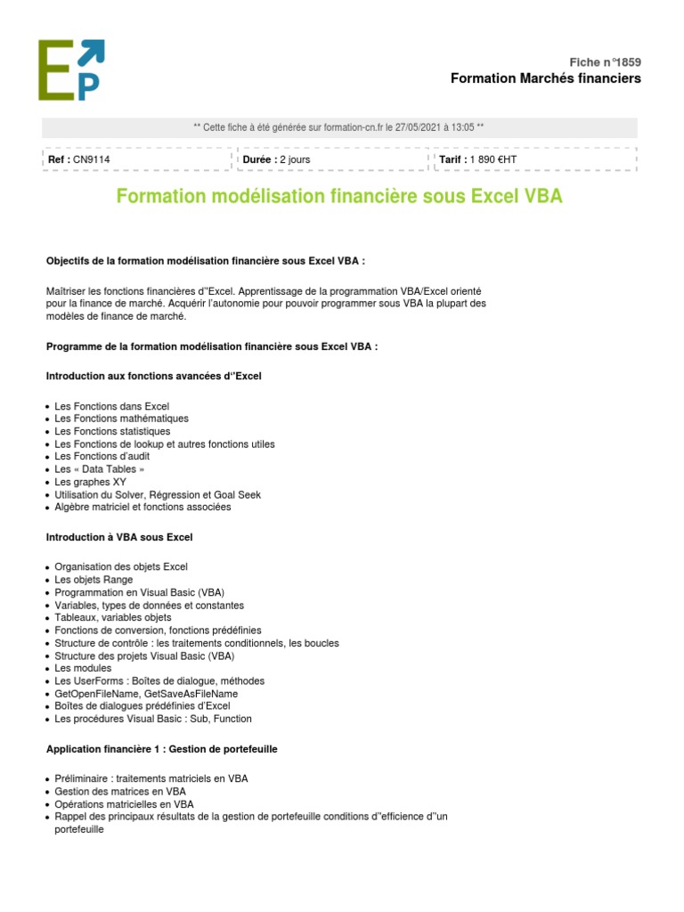 Formation Excel VBA en Modélisation Financière | PDF | Modélisation ...