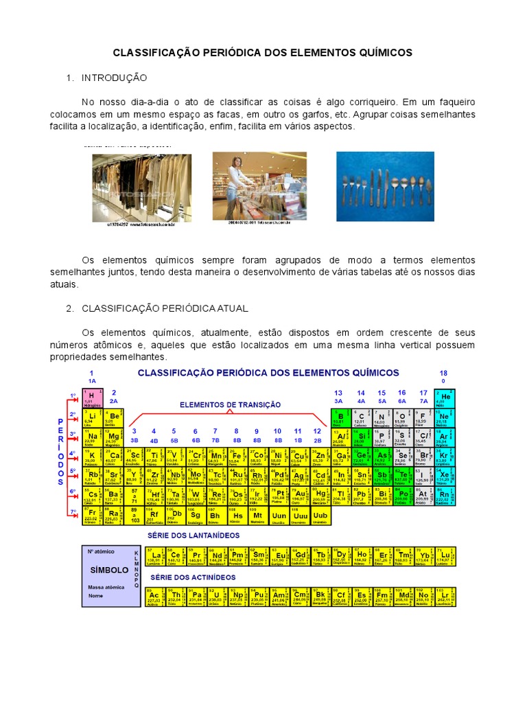 Classificação Periódica Dos Elementos Químicos 1º Ano | PDF | Tabela ...
