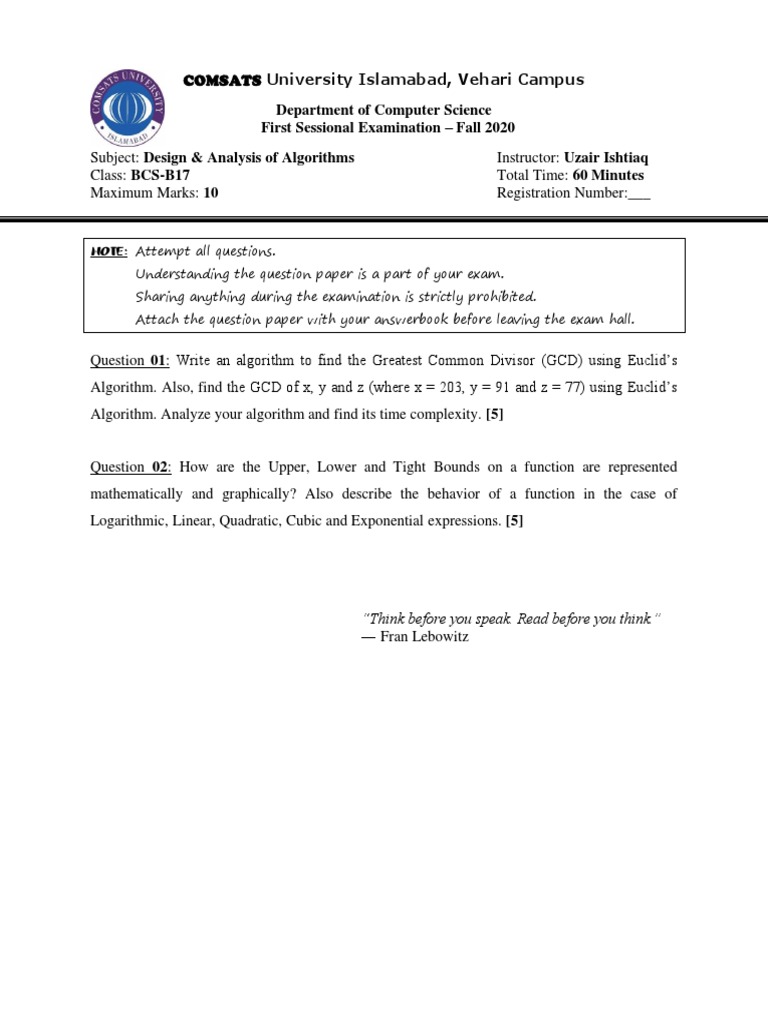 COMSATS DAA Exam Paper - Fall 2020 | PDF | Teaching Methods & Materials ...