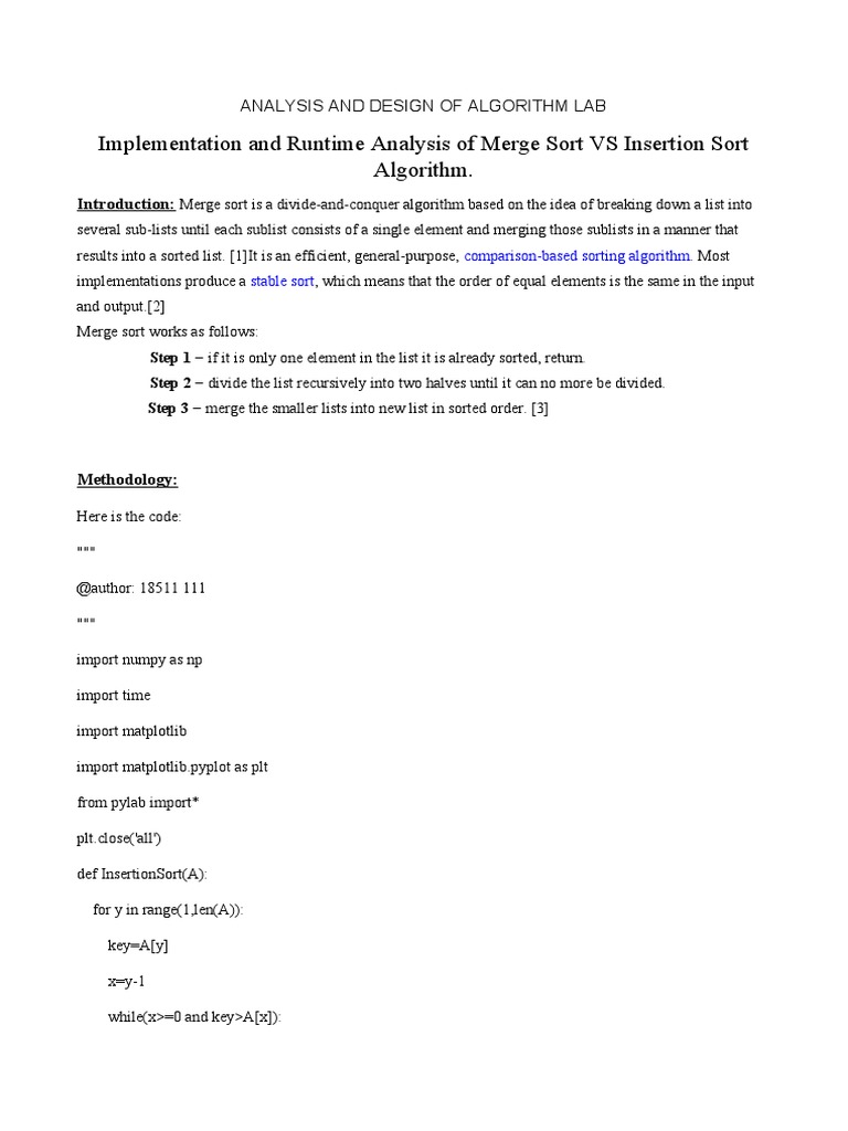 Implementation and Runtime Analysis of Merge Sort VS Insertion Sort ...