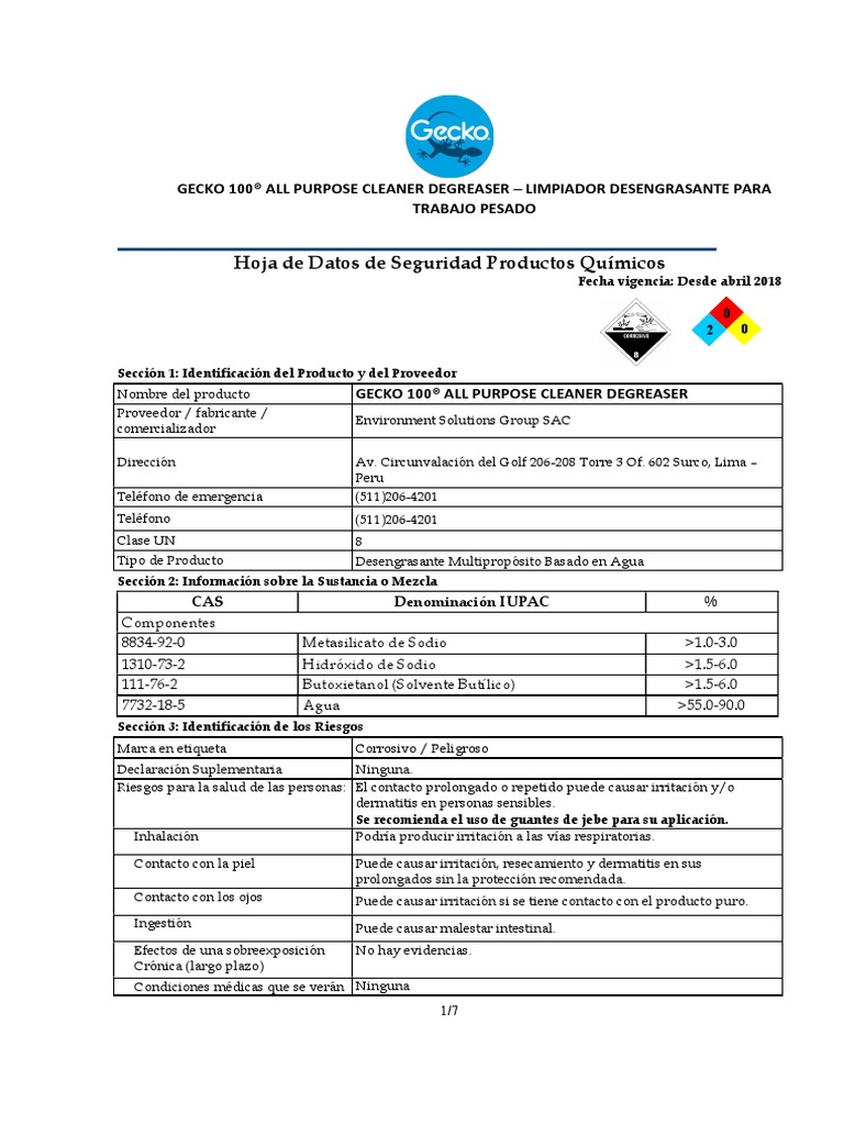 Msds Gecko 100 All Purpose Cleaner Degreaser PDF Agua Residuos
