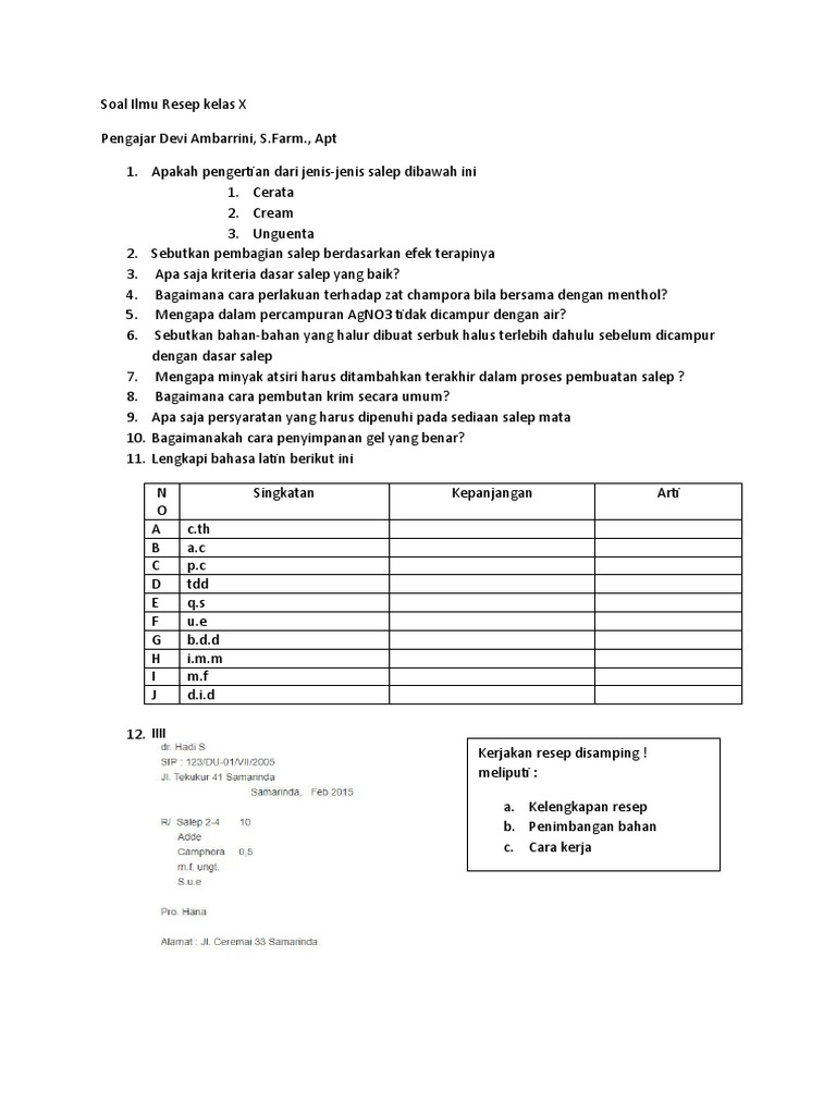 Soal Ilmu Resep Kelas X | PDF