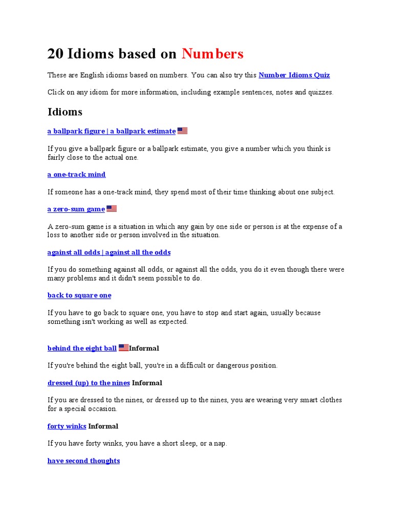 20 Idioms Based On Numbers | PDF | Self-Improvement | Wellness