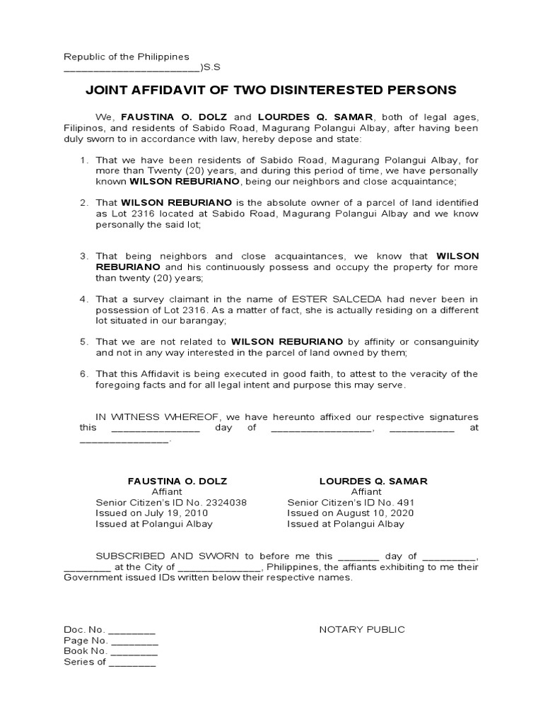 Affidavit-Two Disinterested Persons | PDF