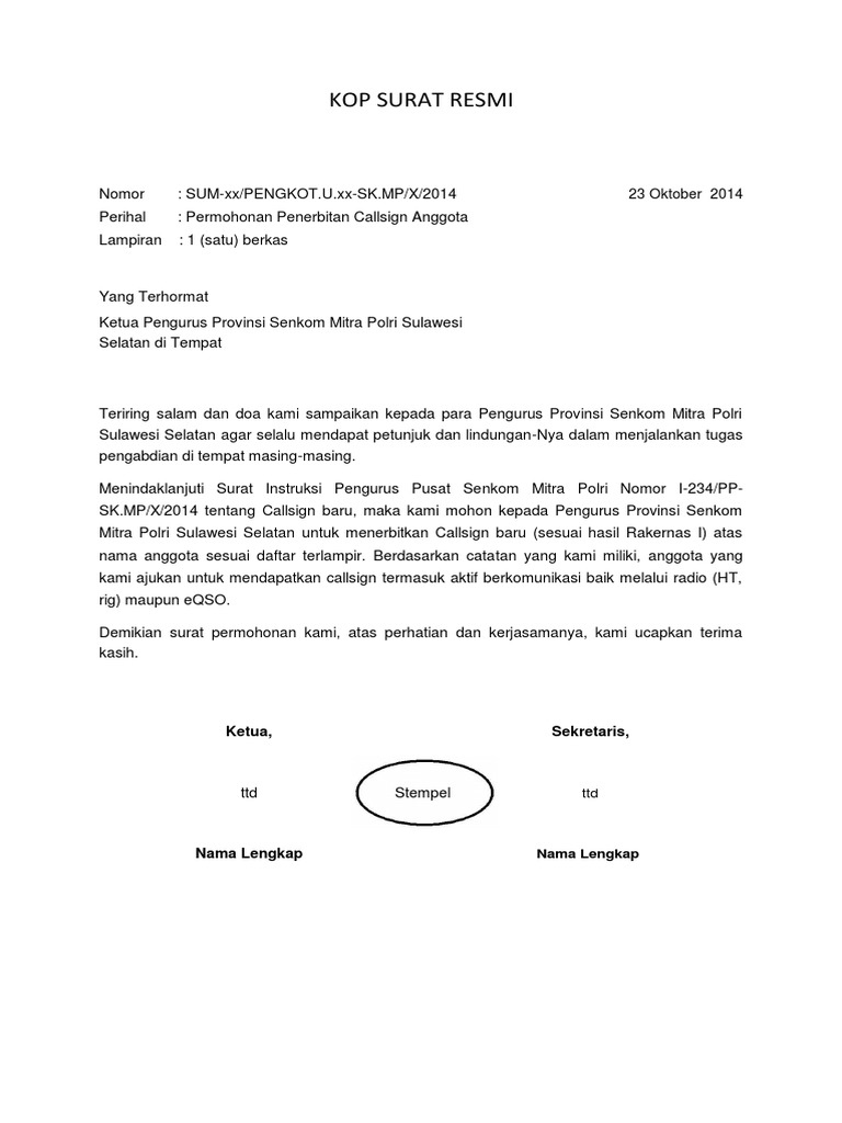 Kop Surat Permohonan Callsign Anggota | PDF | Hukum