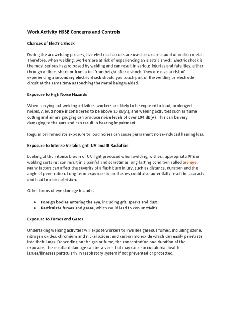 Work Activity HSSE Concerns and Controls | PDF | Welding | Construction