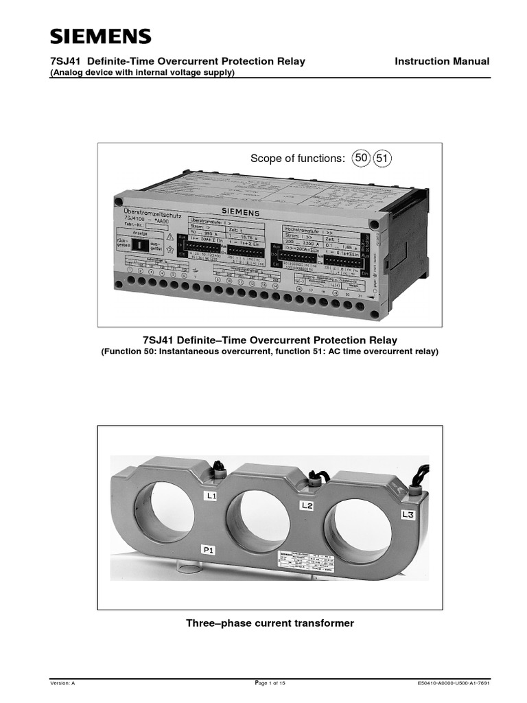 7SJ41 DefiniteTime Overcurrent Protection Relay Instruction Manual