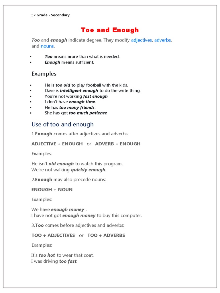 Using Too and Enough | PDF