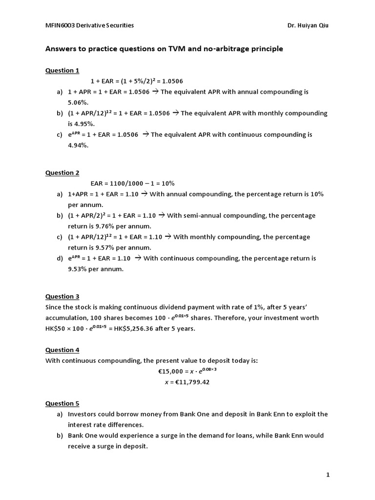 TVM and No-Arbitrage Practice Answers | PDF | Arbitrage | Exchange ...