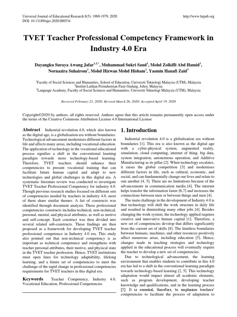Tvet Teacher Professional Competency Framework In Industry 4 0 Era