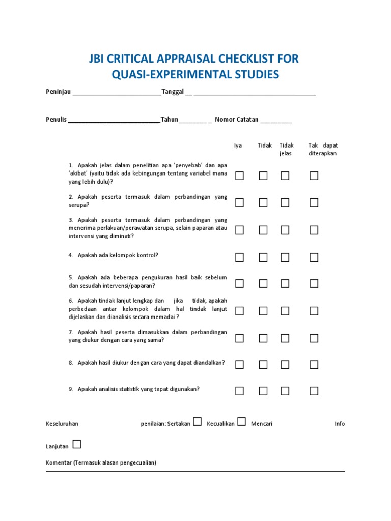 Checklist Penilaian JBI untuk Studi Kuasi-eksperimental | PDF