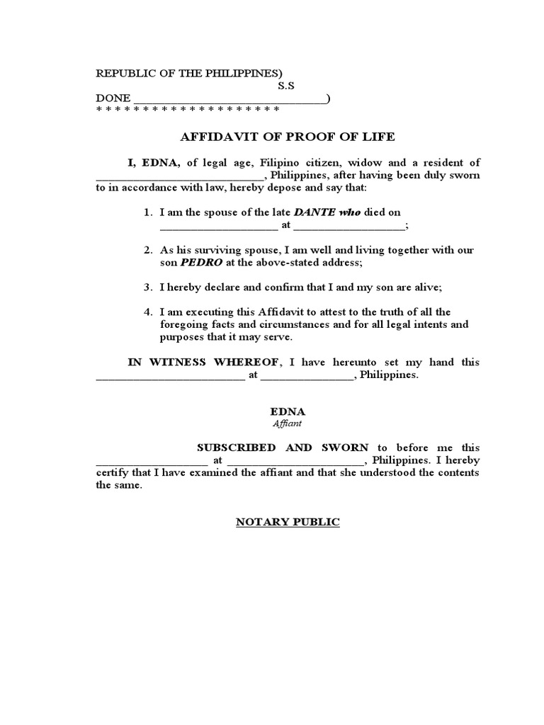 Affidavit of Proof of Life Document PDF Law