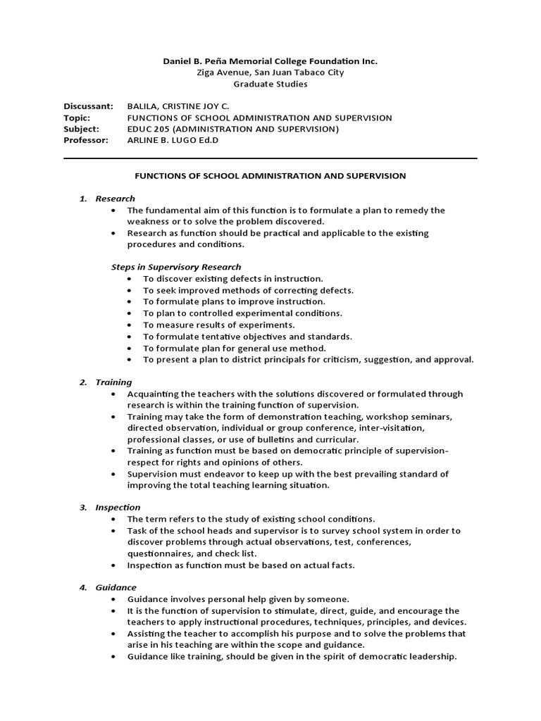 Functions of School Administration and Supervision (Handout) | PDF ...