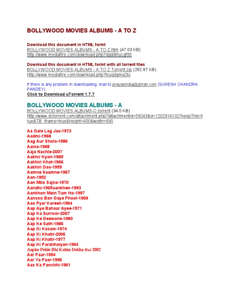 Bollywood Movies Albums A To Z PDF Bollywood Asian Cinema