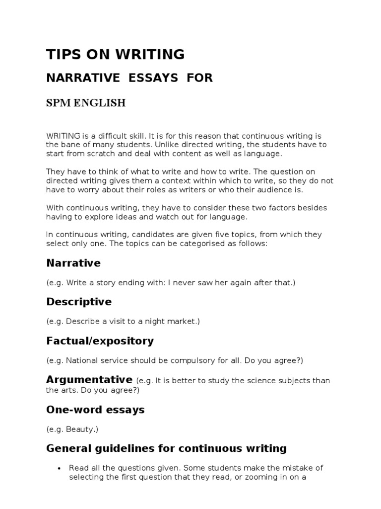 Descriptive essay: Continuous writing narrative essay example