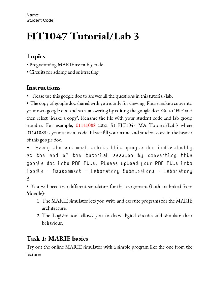 MARIE Assembly & Circuit Lab Guide | PDF | Computer Engineering ...