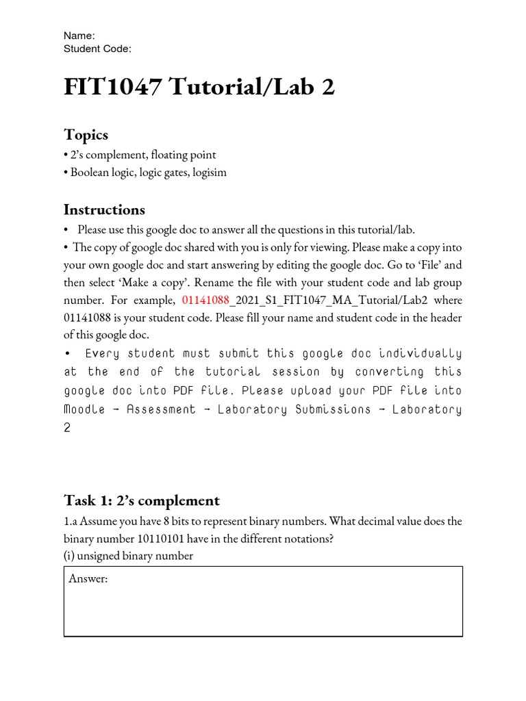 FIT1047 Lab 2: Binary & Logic Concepts | PDF | Logic Gate ...