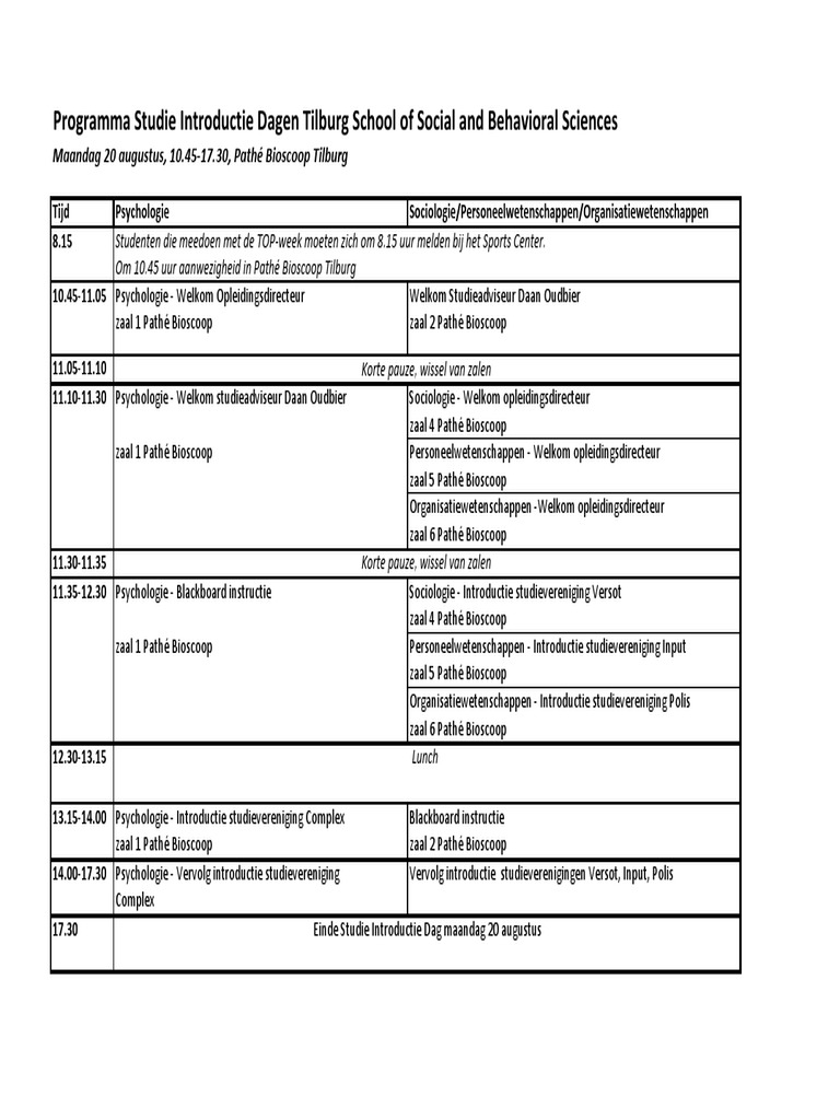 Programma Studie Introductie Dagen Tilburg University | PDF
