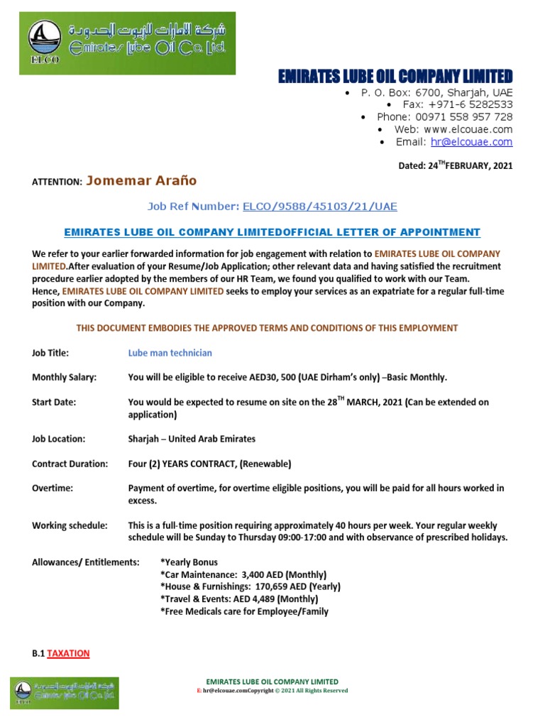 Emirates Lube Oil Company Limited Agreement Soft PDF United Arab