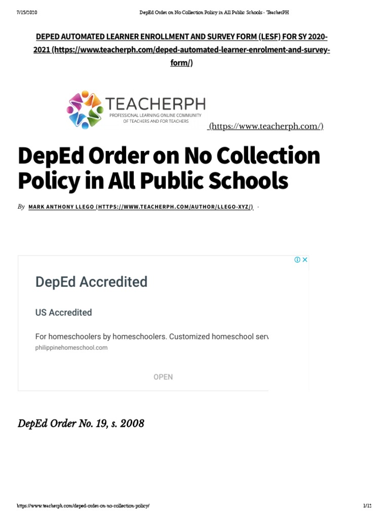 DepEd Order On No Collection Policy in All Public Schools TeacherPH