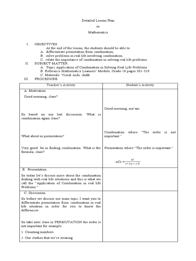 11.lesson Plan in Permutation and Combination | PDF | Lesson Plan ...