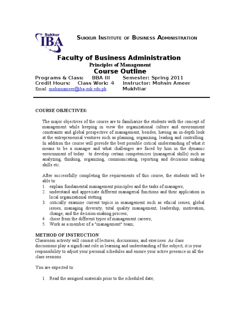Principles of Management Course Outline | PDF