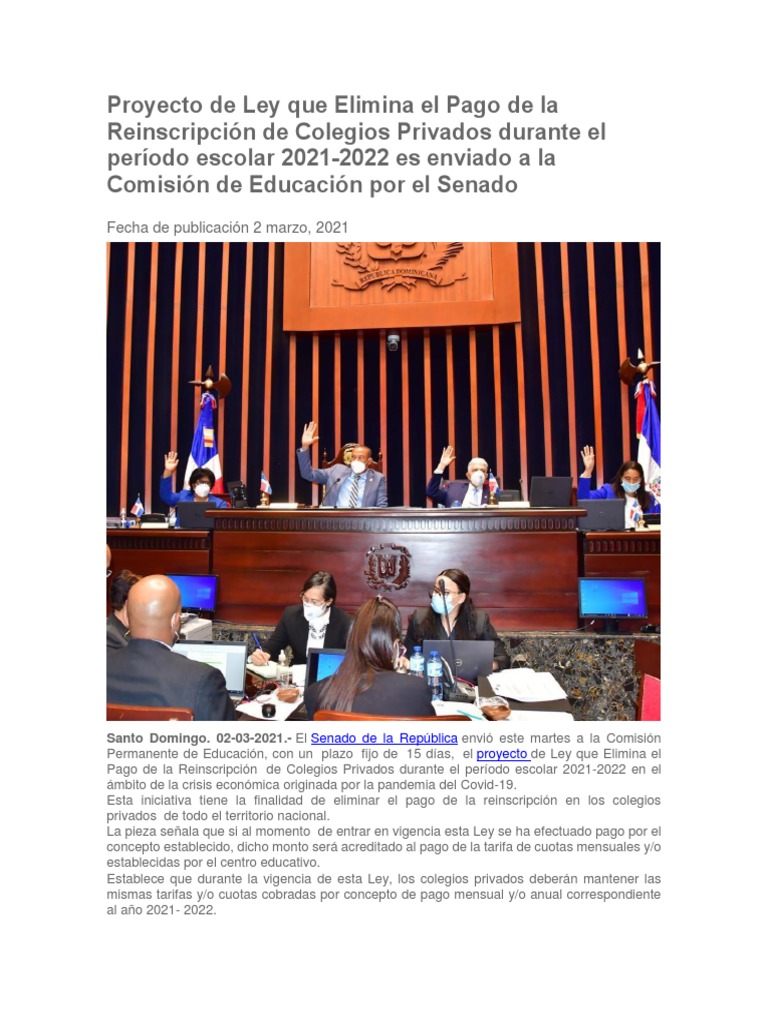 Proyecto de Ley Que Elimina El Pago de La Reinscripción de Colegios ...