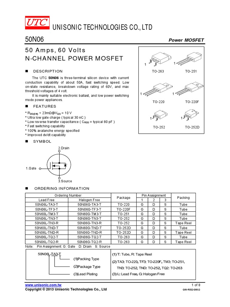 Datasheet 50N06 | PDF | Field Effect Transistor | Diode