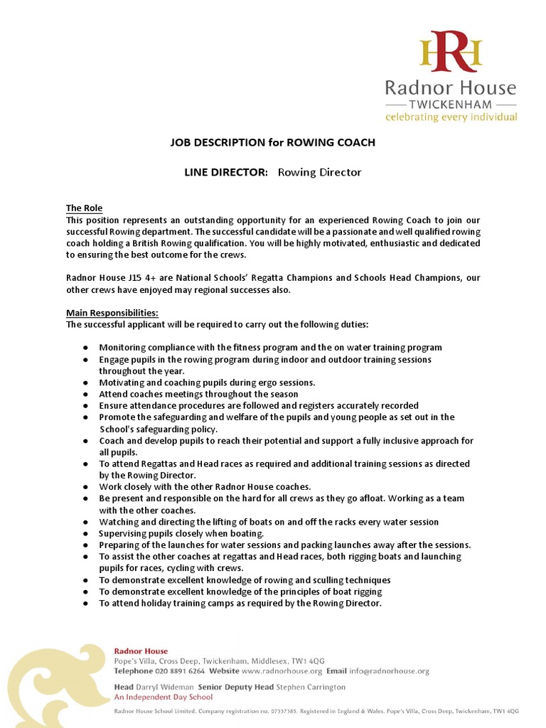 Job Description For Rowing Coach LINE DIRECTOR Rowing Director PDF