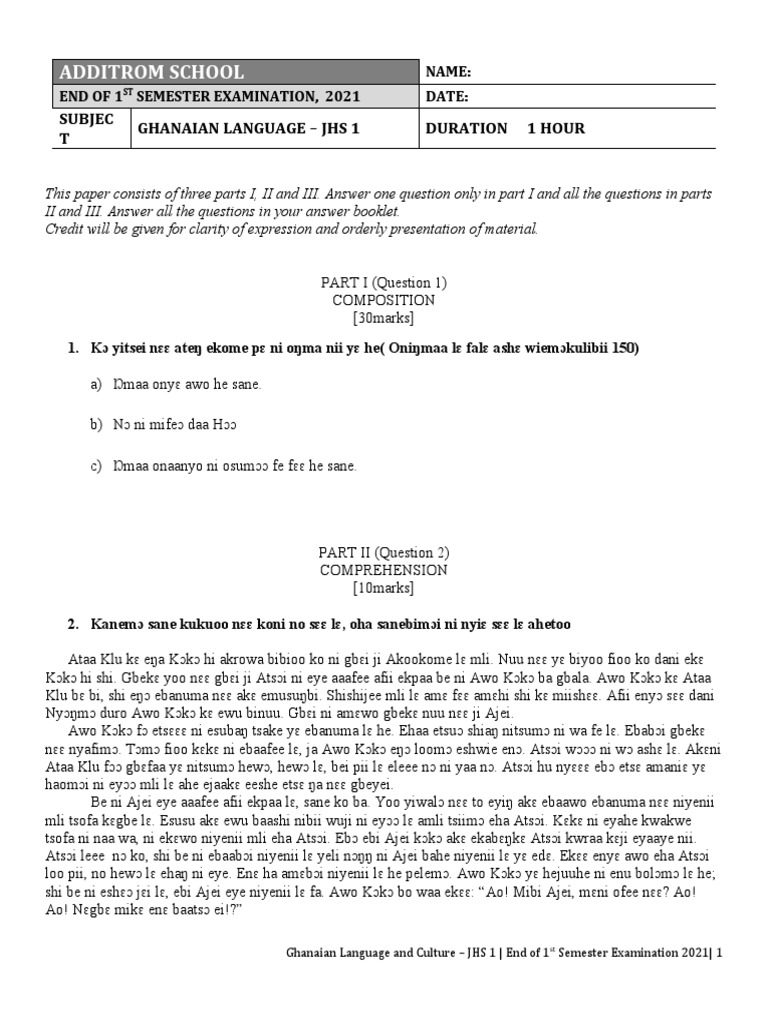 JHS 1 Ghanaian Language Exam 2021 | PDF | Human Communication ...
