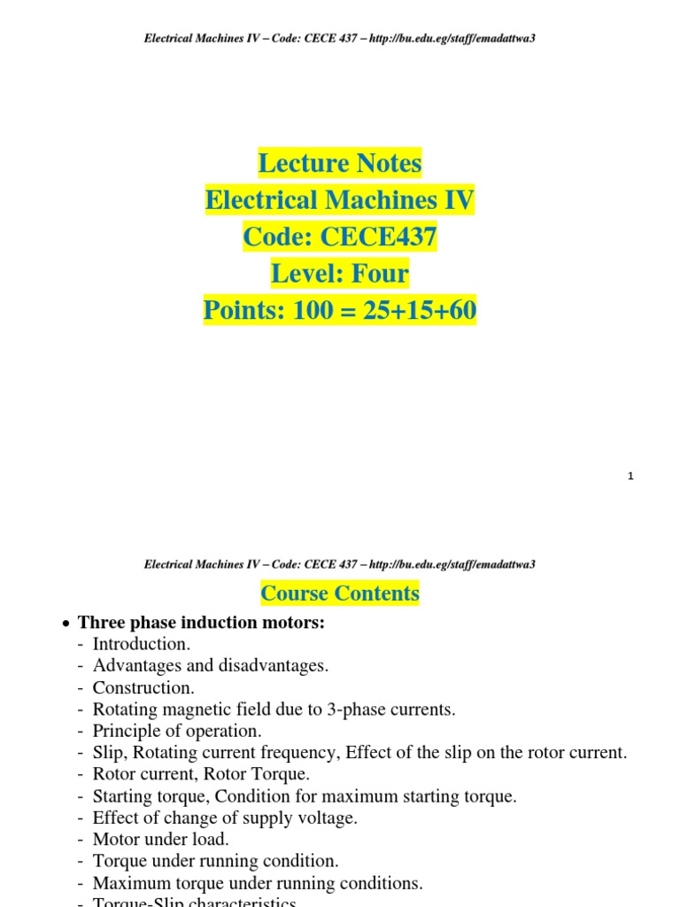 Lecture Notes Electrical Machines IV Code CECE437 Level Four Points