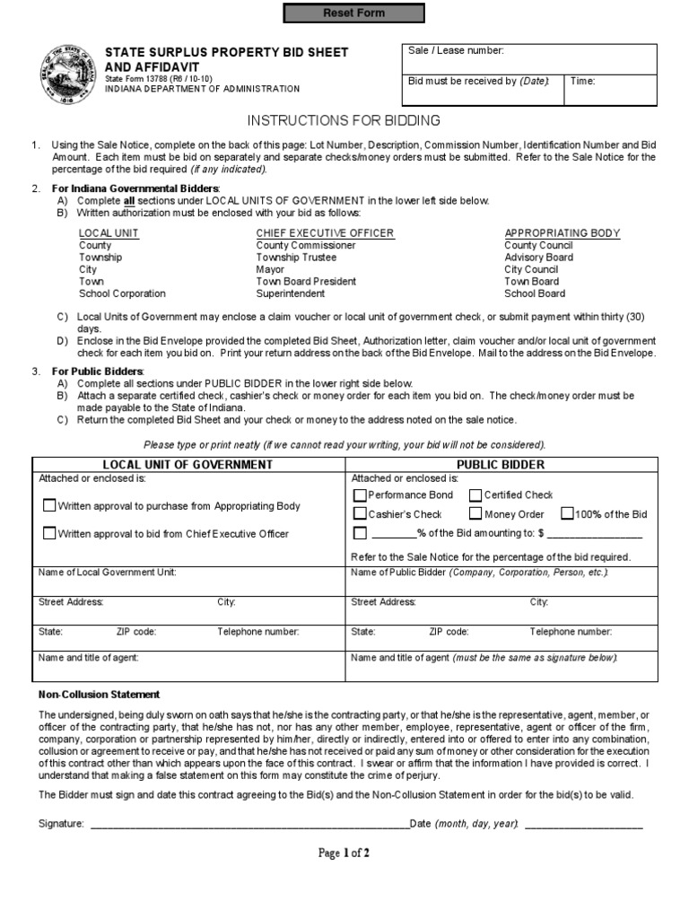 Instructions For Bidding State Surplus Property Bid Sheet and