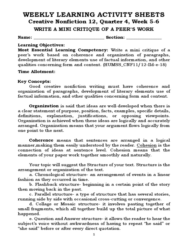 Weekly Learning Activity Sheets: Creative Nonfiction 12, Quarter 4 ...