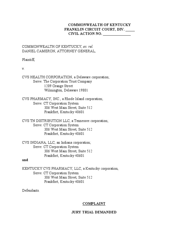 2021.06.01 KY v. CVS Complaint Final Word (W Agents Address) PDF Medical Prescription