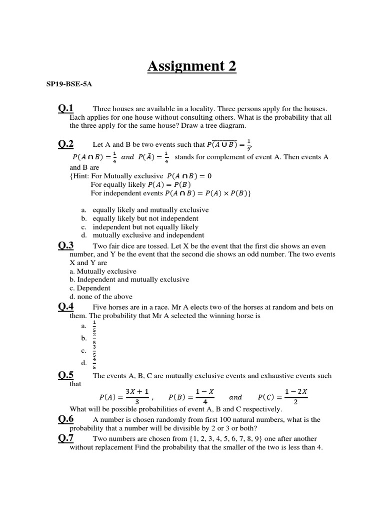 Assignment 2 BSE5A | PDF | Probability Distribution | Probability