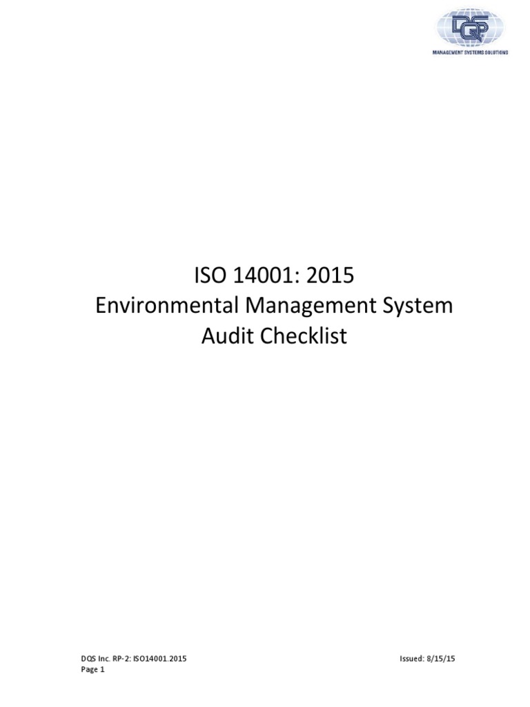 ISO 14001 2015 Audit Checklist. DQS PDF Internal Audit Audit