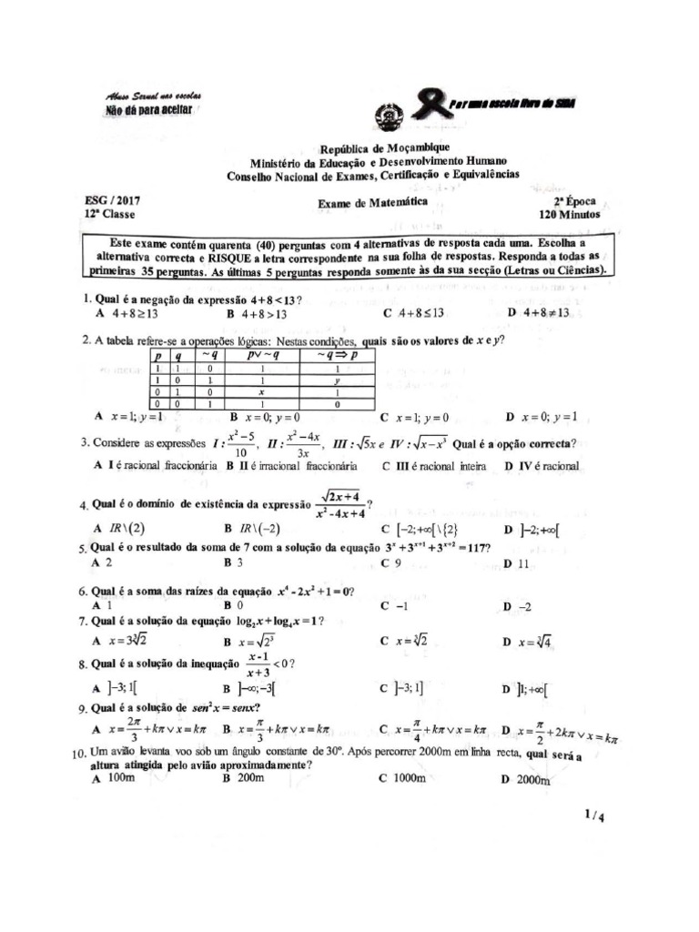 Matematica 12a Classe 2017 2a Epoca | PDF
