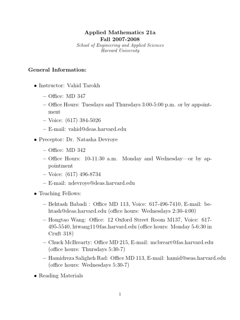 Harvard Applied Mathematics 21a Syllabus PDF Series (Mathematics