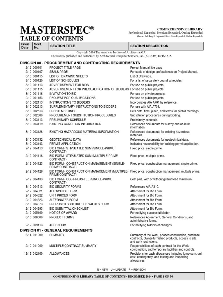 Masterspec Table of Contents MF04 PDF Masonry Framing (Construction)