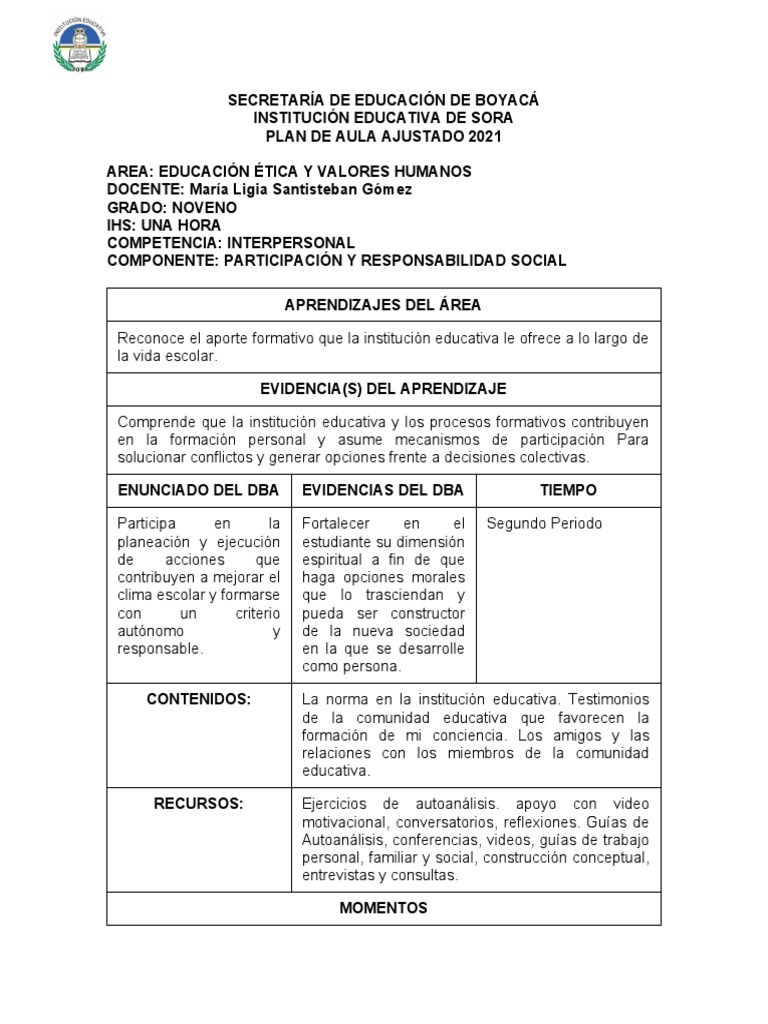 Plan de Aula Ética y Valores 2021 | PDF | Libertad | Justicia