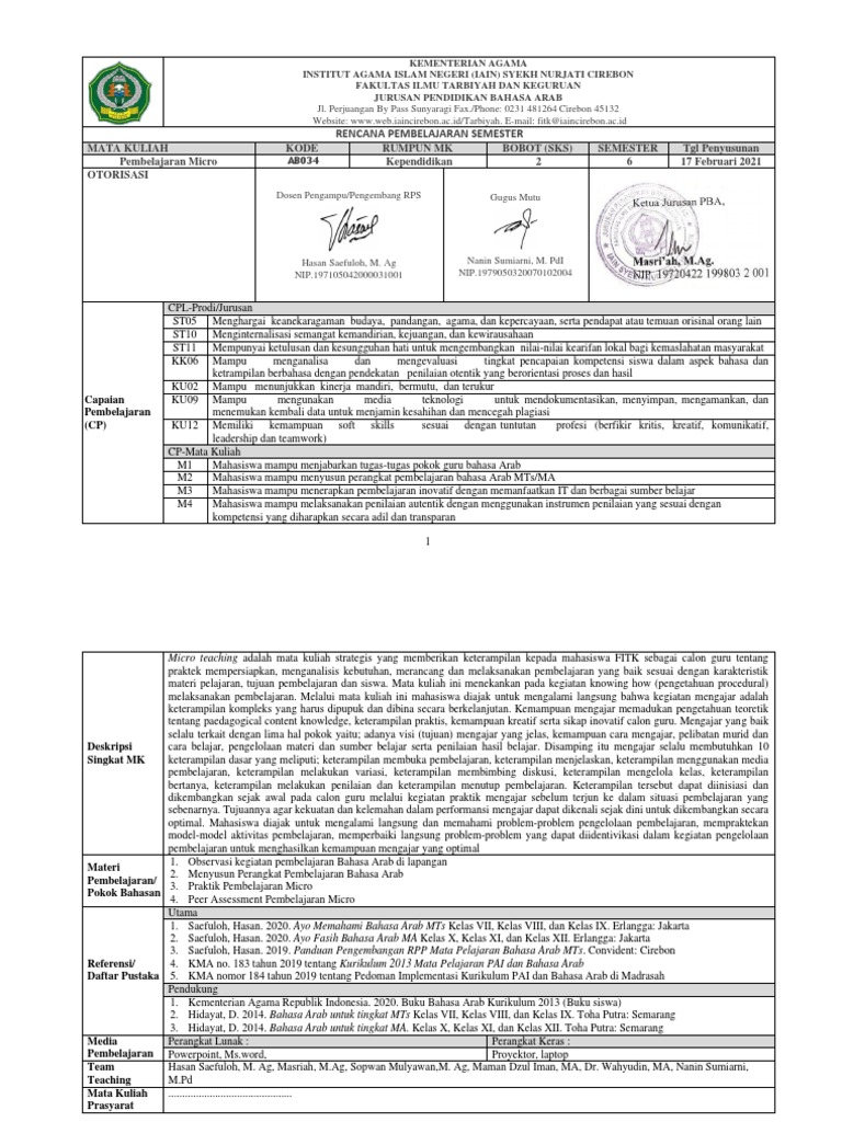 RPS Pembelajaran Microteching PBA 2021 | PDF