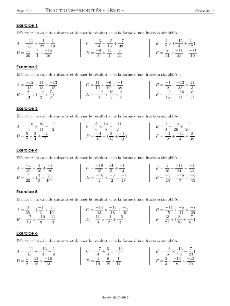 Fraction 4ème Exercice Corrigé Pdf Fractions Et Priorites Serie D Exercices 2 | PDF | Ouverture (échecs) |  Échecs