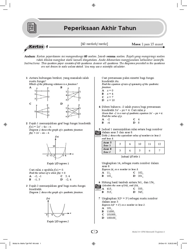 Modul A+ Maths Tg4 Peperiksaan Akhir Tahun Tanpa Jawapan  PDF